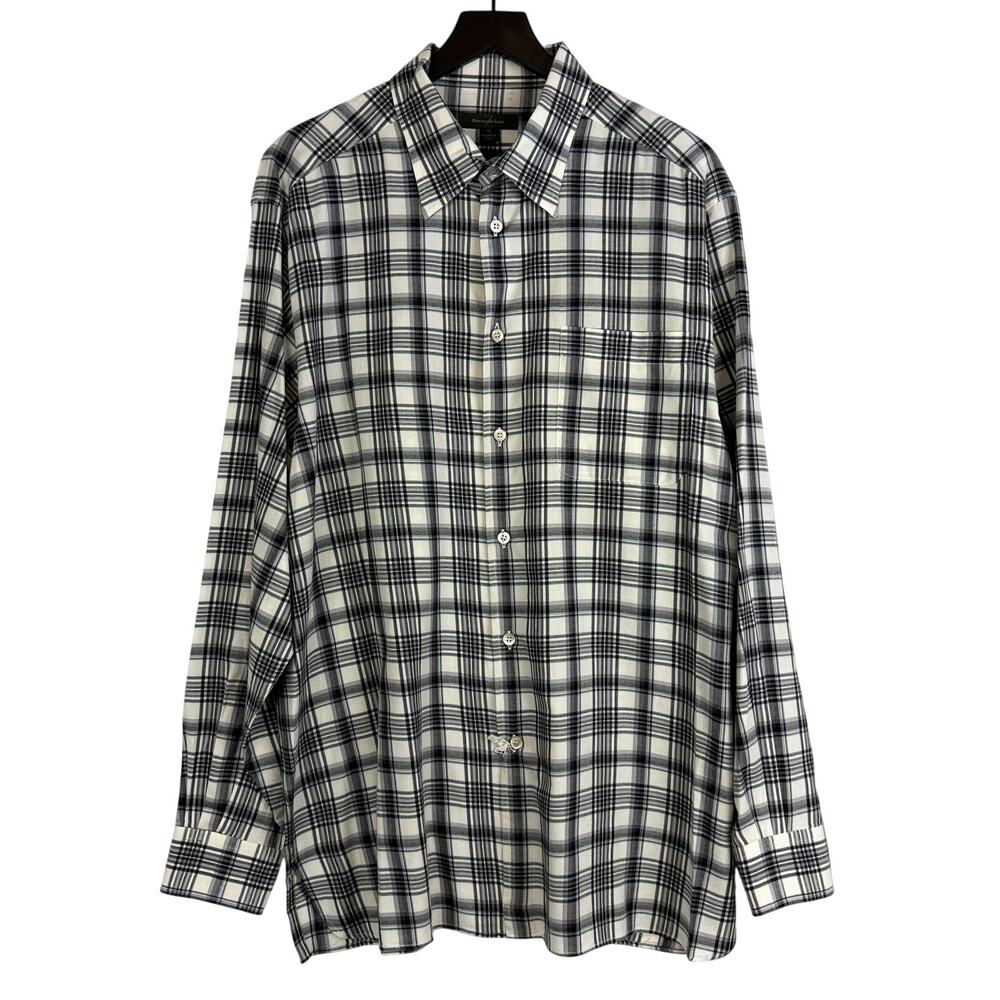 Ermenegildo Zegna Mens XL Cotton Cream Black Gray Plaid Button Shirt